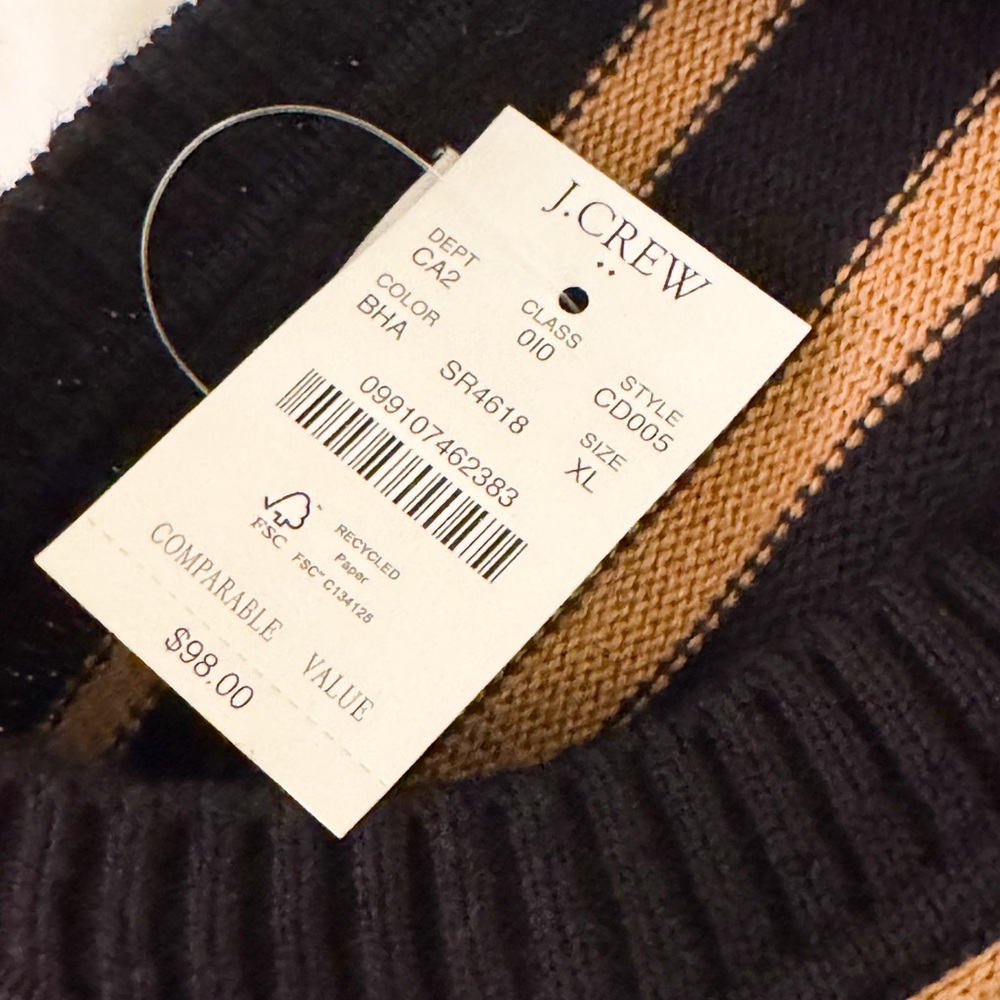 J. Crew Preppy Oversized Striped Black and Tan Sweater Cotton Sz L NWT - Picture 4 of 9